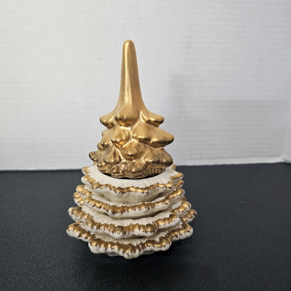 Christmas Tree Ashtray Set Gold White Porcelain Stacking Japan MCM Vintage